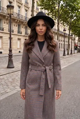 Abrigo Largo de Cuadros con Cinturón para Mujer - Multicolor