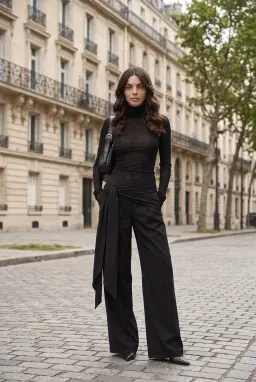 Damen Weite Low-Rise-Hose mit Bindegürtel - Schwarz — Schwarz