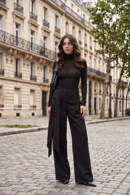 Damen Weite Low-Rise-Hose mit Bindegürtel - Schwarz — Schwarz
