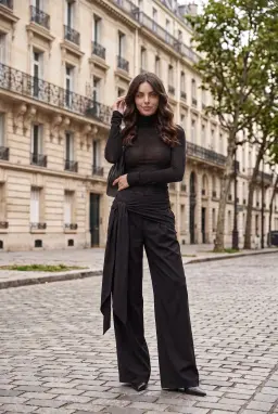 Damen Weite Low-Rise-Hose mit Bindegürtel - Schwarz — Schwarz