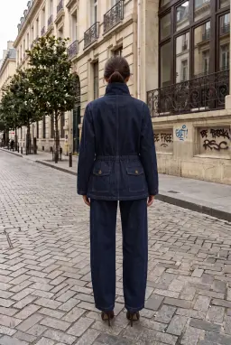 Dam Marinblå 2-Delad Denimkostym Dubbelknäppt Jacka & Barrel-Byxor