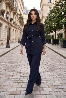 Completo 2 Pezzi Donna Blu Navy Camicia con Cintura e Pantaloni