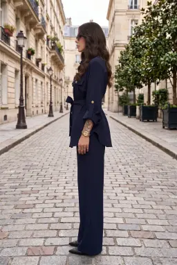 Completo 2 Pezzi Donna Blu Navy Camicia con Cintura e Pantaloni