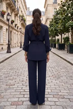 Completo 2 Pezzi Donna Blu Navy Camicia con Cintura e Pantaloni