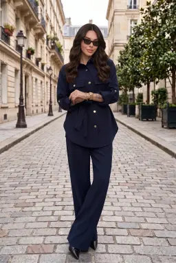 Completo 2 Pezzi Donna Blu Navy Camicia con Cintura e Pantaloni