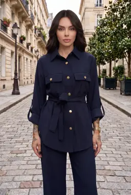 Completo 2 Pezzi Donna Blu Navy Camicia con Cintura e Pantaloni