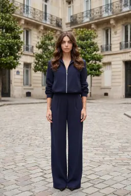 Women's Navy Blue Zip Jacket and Wide Leg Trouser Set