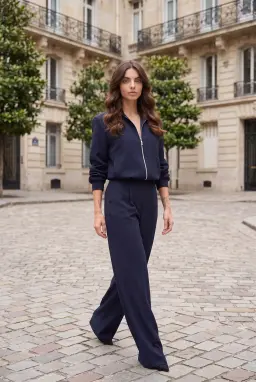 Women's Navy Blue Zip Jacket and Wide Leg Trouser Set