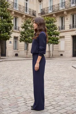 Women's Navy Blue Zip Jacket and Wide Leg Trouser Set