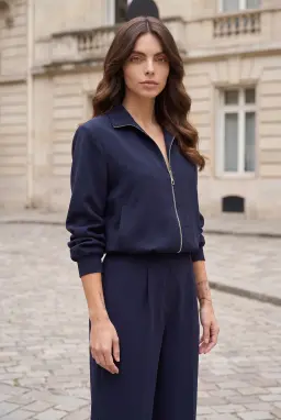 Women's Navy Blue Zip Jacket and Wide Leg Trouser Set