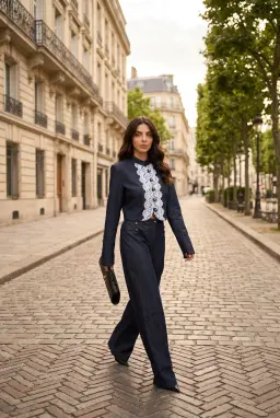 Completo 2 Pezzi Donna Blu Navy Giacca Corta con Bordi in Pizzo e Pantaloni a Palazzo