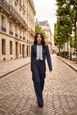 Completo 2 Pezzi Donna Blu Navy Giacca Corta con Bordi in Pizzo e Pantaloni a Palazzo