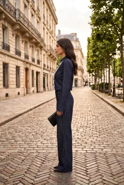 Completo 2 Pezzi Donna Blu Navy Giacca Corta con Bordi in Pizzo e Pantaloni a Palazzo