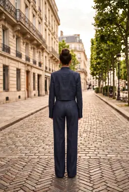 Completo 2 Pezzi Donna Blu Navy Giacca Corta con Bordi in Pizzo e Pantaloni a Palazzo
