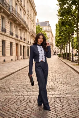 Completo 2 Pezzi Donna Blu Navy Giacca Corta con Bordi in Pizzo e Pantaloni a Palazzo