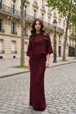 Ensemble Jupe Deux Pièces en Maille Ajourée Bordeaux