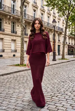 Ensemble Jupe Deux Pièces en Maille Ajourée Bordeaux