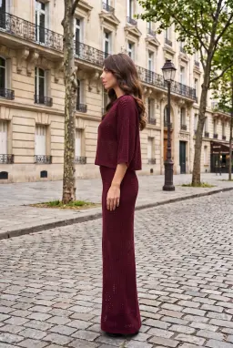 Ensemble Jupe Deux Pièces en Maille Ajourée Bordeaux
