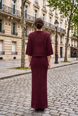 Ensemble Jupe Deux Pièces en Maille Ajourée Bordeaux