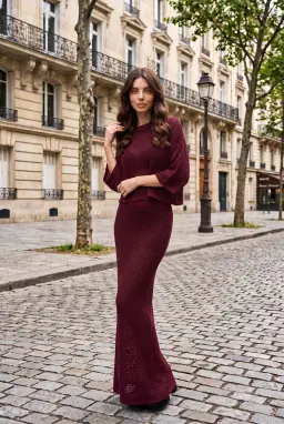 Ensemble Jupe Deux Pièces en Maille Ajourée Bordeaux
