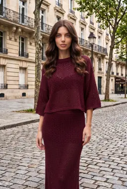 Ensemble Jupe Deux Pièces en Maille Ajourée Bordeaux