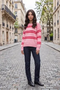 Suéter de Malha às Riscas Oversize com Decote Redondo para Mulher — Rosa