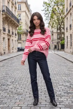 Suéter de Malha às Riscas Oversize com Decote Redondo para Mulher — Rosa