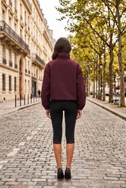 Jaqueta Paraquedas Oversized com Botões Feminina Ameixa Gola Alta Corta-Vento