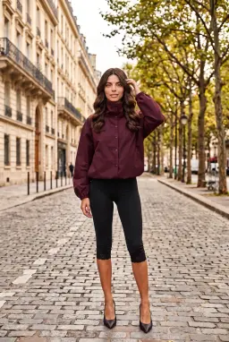 Jaqueta Paraquedas Oversized com Botões Feminina Ameixa Gola Alta Corta-Vento