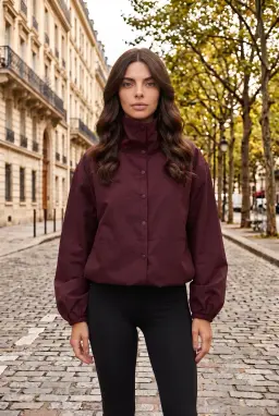 Jaqueta Paraquedas Oversized com Botões Feminina Ameixa Gola Alta Corta-Vento