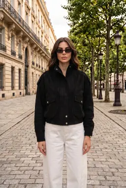 جاكيت بومبر نسائي واسع بتصميم شمواه - أسود