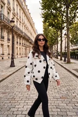 Dames Oversized Polkadot Jasje - Ecru Opstaande Kraag Kort