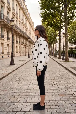 Dames Oversized Polkadot Jasje - Ecru Opstaande Kraag Kort