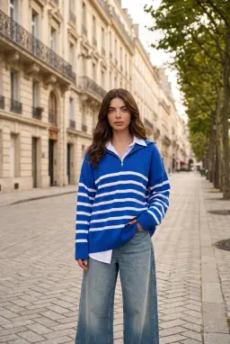 Jersey de Punto Oversize a Rayas con Media Cremallera Mujer Azul Cobalto