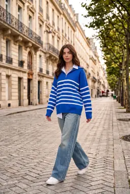 Jersey de Punto Oversize a Rayas con Media Cremallera Mujer Azul Cobalto