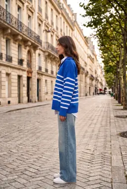 Jersey de Punto Oversize a Rayas con Media Cremallera Mujer Azul Cobalto
