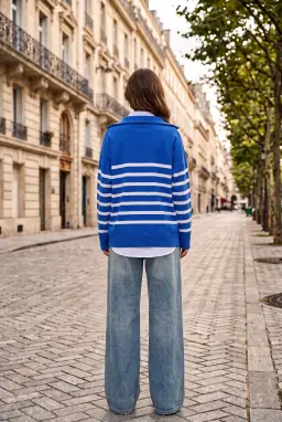 Jersey de Punto Oversize a Rayas con Media Cremallera Mujer Azul Cobalto