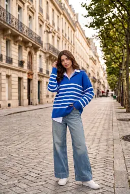 Jersey de Punto Oversize a Rayas con Media Cremallera Mujer Azul Cobalto