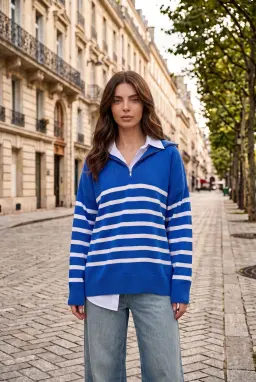 Jersey de Punto Oversize a Rayas con Media Cremallera Mujer Azul Cobalto