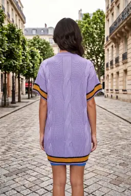 فيست تريكو نسائي واسع بياقة V وضفائر ليلكي