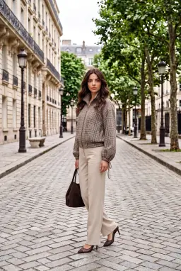 Áo Khoác Nữ Kẻ Caro Kéo Khóa Be Đỏ Có Lót