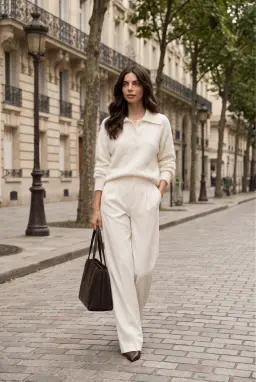 Suéter Polo Mulher Malha Manga Comprida Branco-Sujo — Branco