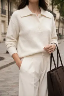 Suéter Polo Mulher Malha Manga Comprida Branco-Sujo — Branco