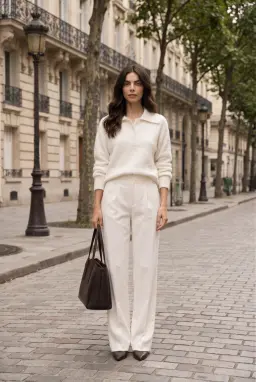 Suéter Polo Mulher Malha Manga Comprida Branco-Sujo — Branco