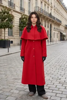 Gabardina Larga Roja de Mujer con Capa