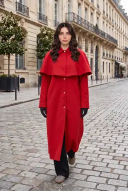 Gabardina Larga Roja de Mujer con Capa