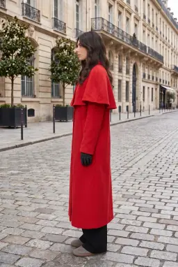 Gabardina Larga Roja de Mujer con Capa