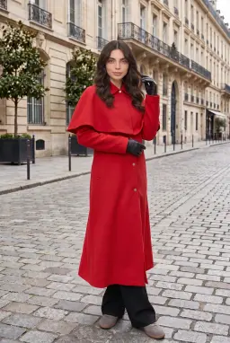 Gabardina Larga Roja de Mujer con Capa