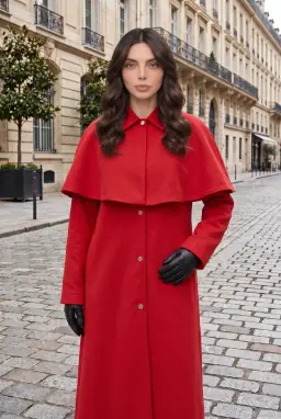 Gabardina Larga Roja de Mujer con Capa