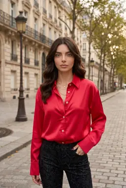Damen Satinhemd Langarm Bluse mit Knopfleiste Korallenrot